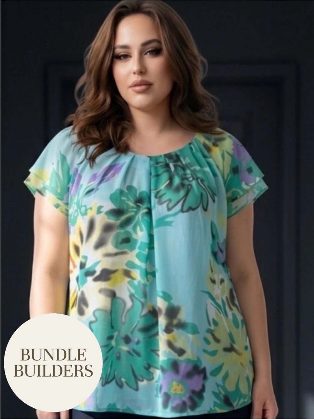 $10 Add-on | Aqua Floral Pleated Short-Sleeve Top